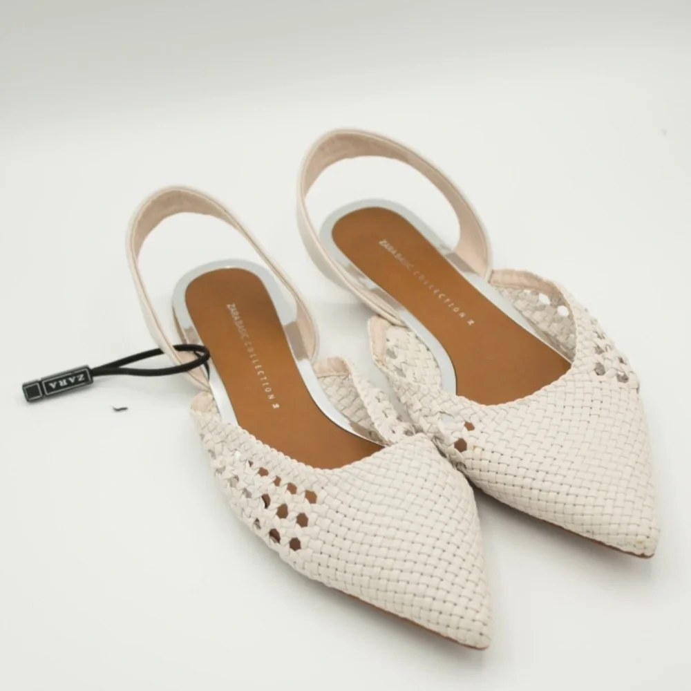 Zara White Basketweave Pointed Slingback Sandals